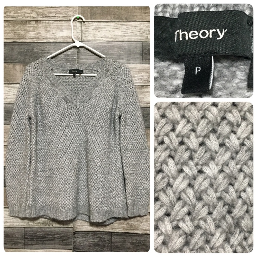 Theory V Neck Sweater Women’s Size P Gray Pullover Cotton Wool Blend (Read Desc)